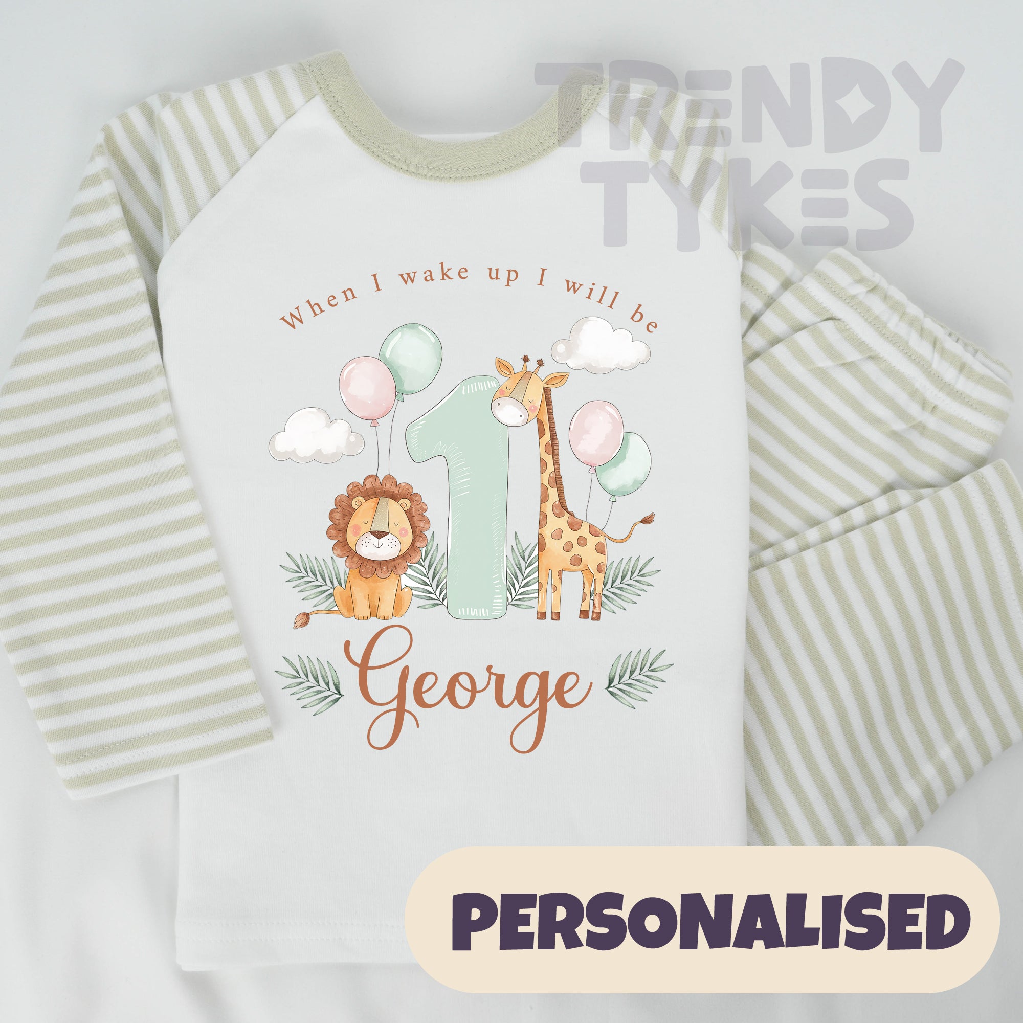 Personalised Safari Birthday Pyjamas – Custom Age & Name – Sage Green