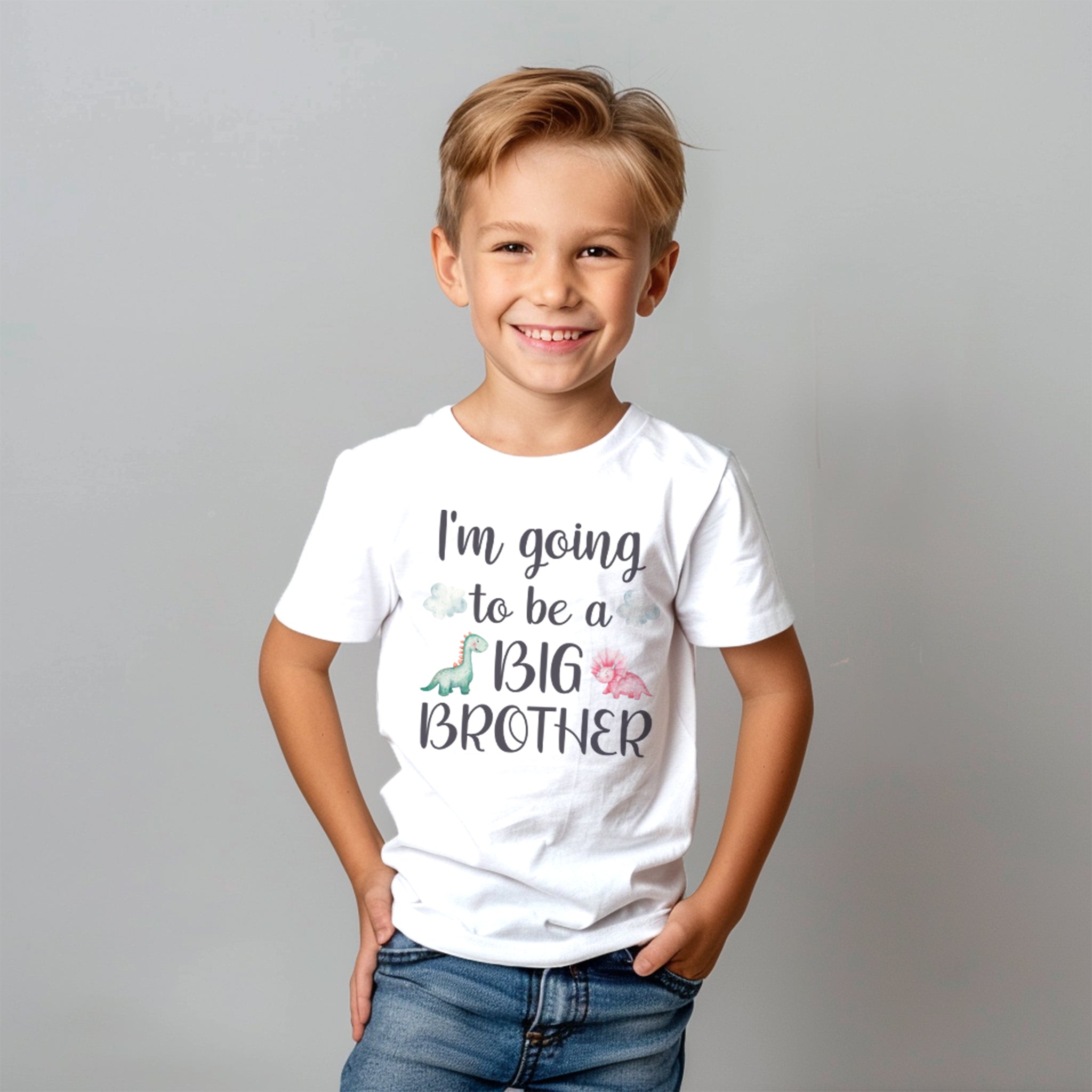 Trendy Tykes The t-shirt the boy is wearing features a charming design with the message "I'm going to be a BIG BROTHER"