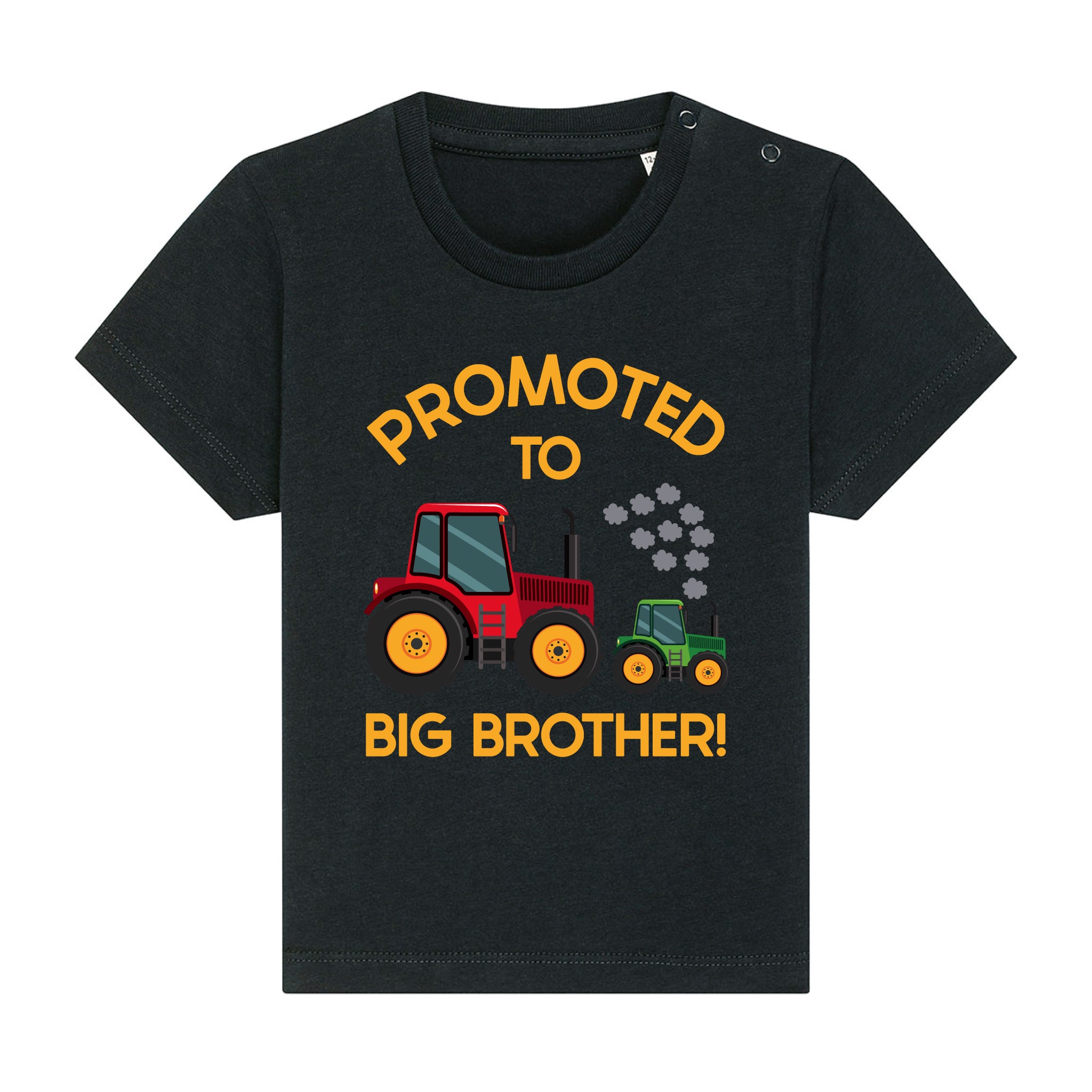 Black 'Promoted to Big Brother' t-shirt with red and yellow tractor graphic for kids.