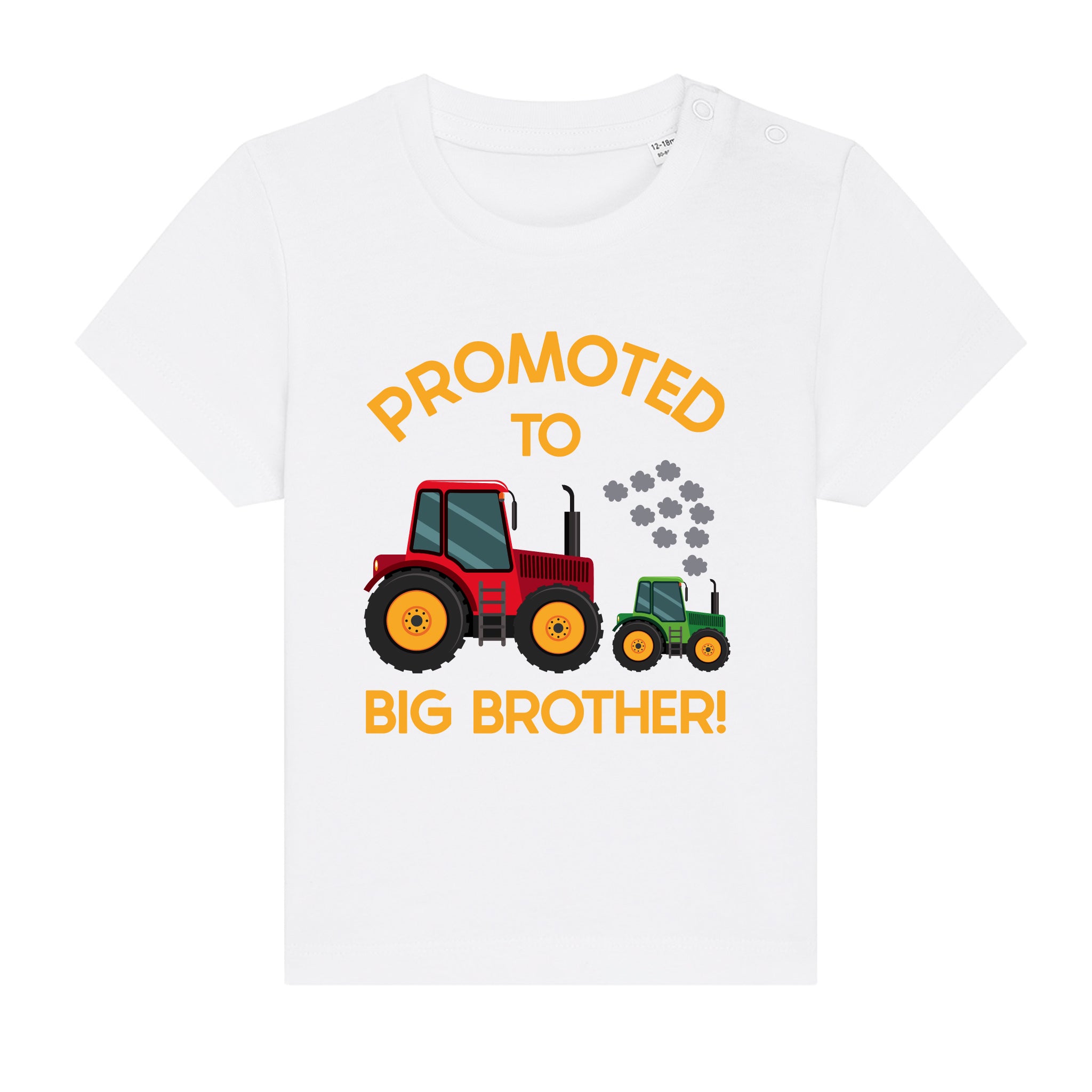 White 'Promoted to Big Brother' t-shirt with colorful tractor print for children.