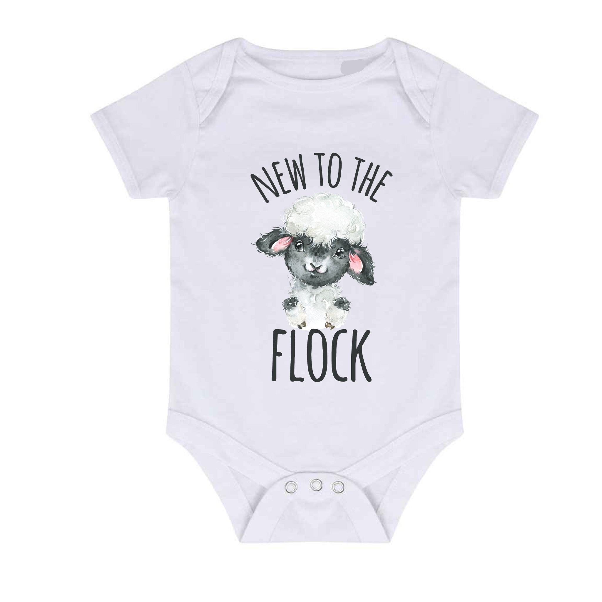White baby vest with 'New to the Flock' text and cute lamb illustration.