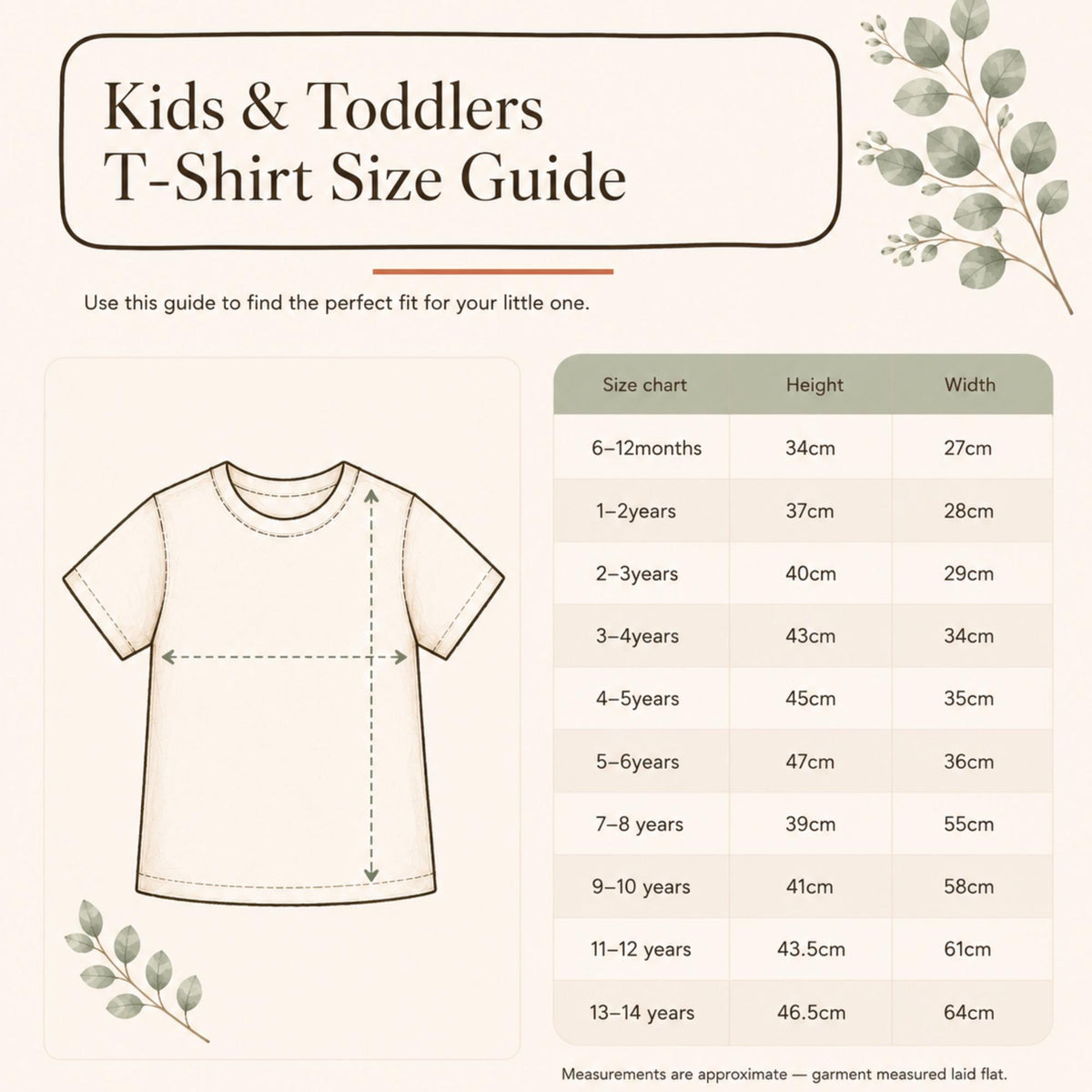 Kids t-shirt size guide