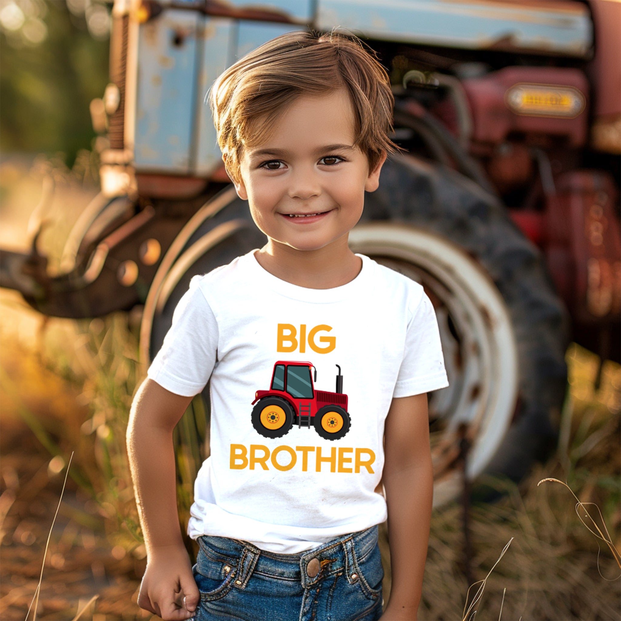 trendy tykes Smiling young boy in a 'Big Brother' t-shirt with a bold tractor design, celebrating his role in a growing farm family.