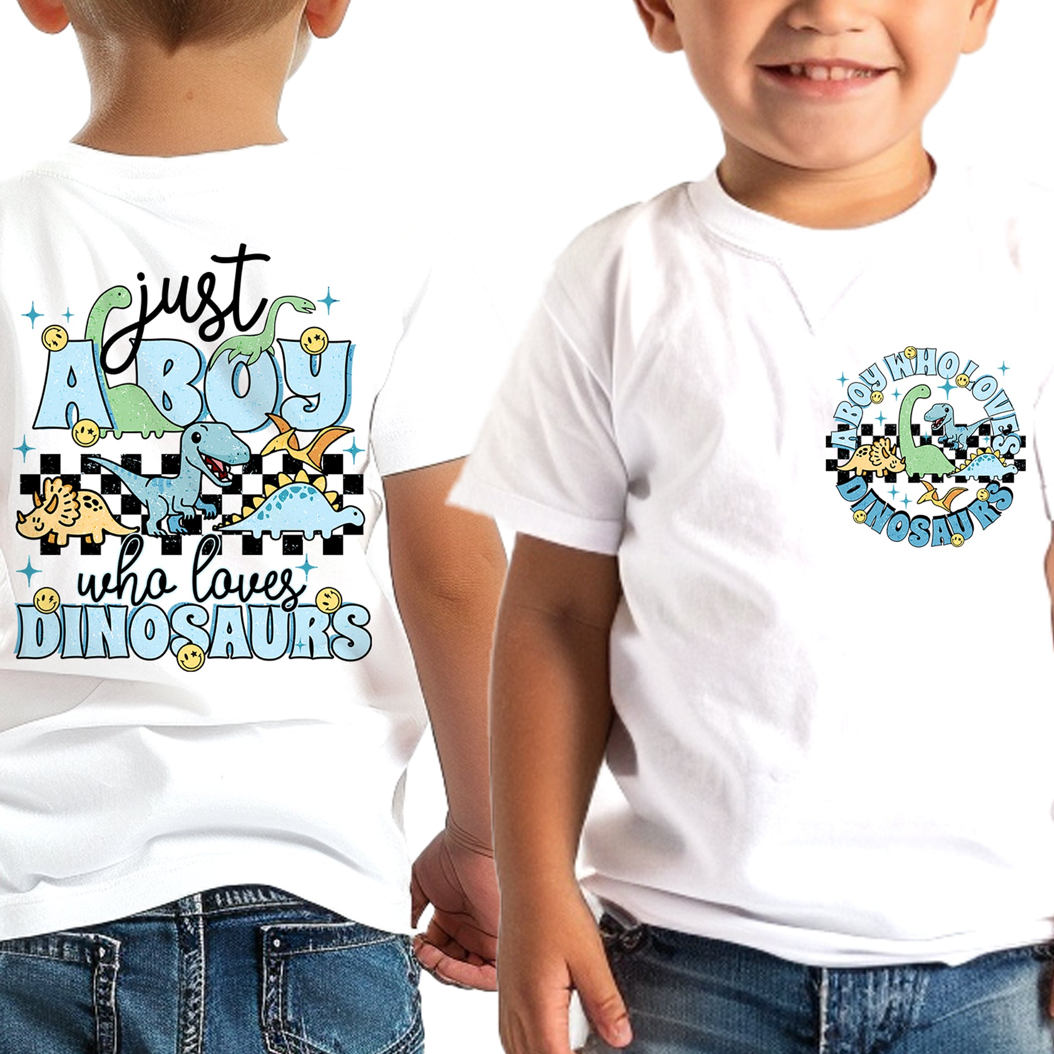 Trendy Tykes white t-shirts with colorful 'Just a boy who loves dinosaurs' design and fun dinosaur illustrations.