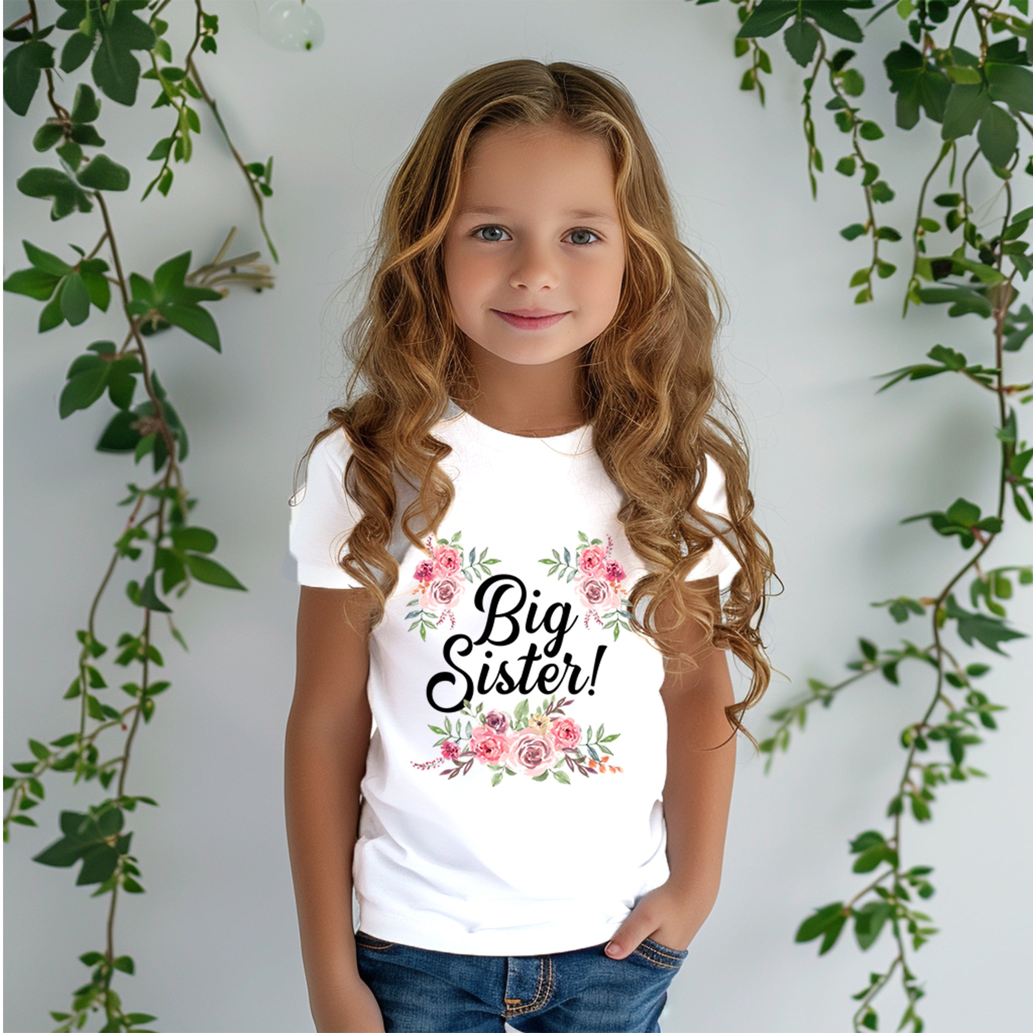 A smiling young girl with curly hair, wearing a white Trendy Tykes T-shirt with "Big Sister!" and a floral design, standing against a backdrop with green foliage.