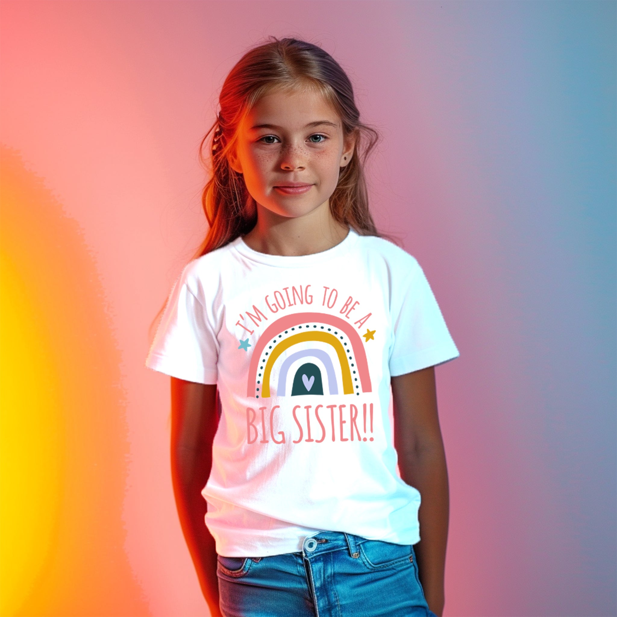 A young girl with a content smile wearing a white T-shirt with the phrase "I'm going to be a BIG SISTER!!" printed on it,
