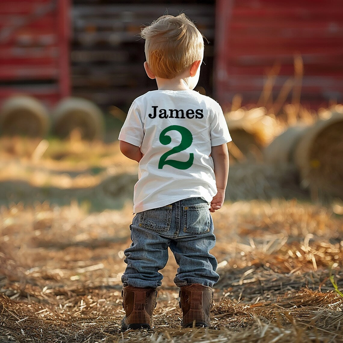 A toddler from behind wearing a white t-shirt with "James" above a large number "2" in green, denim jeans, and brown boots, standing in a field with hay and a barn in the distance.