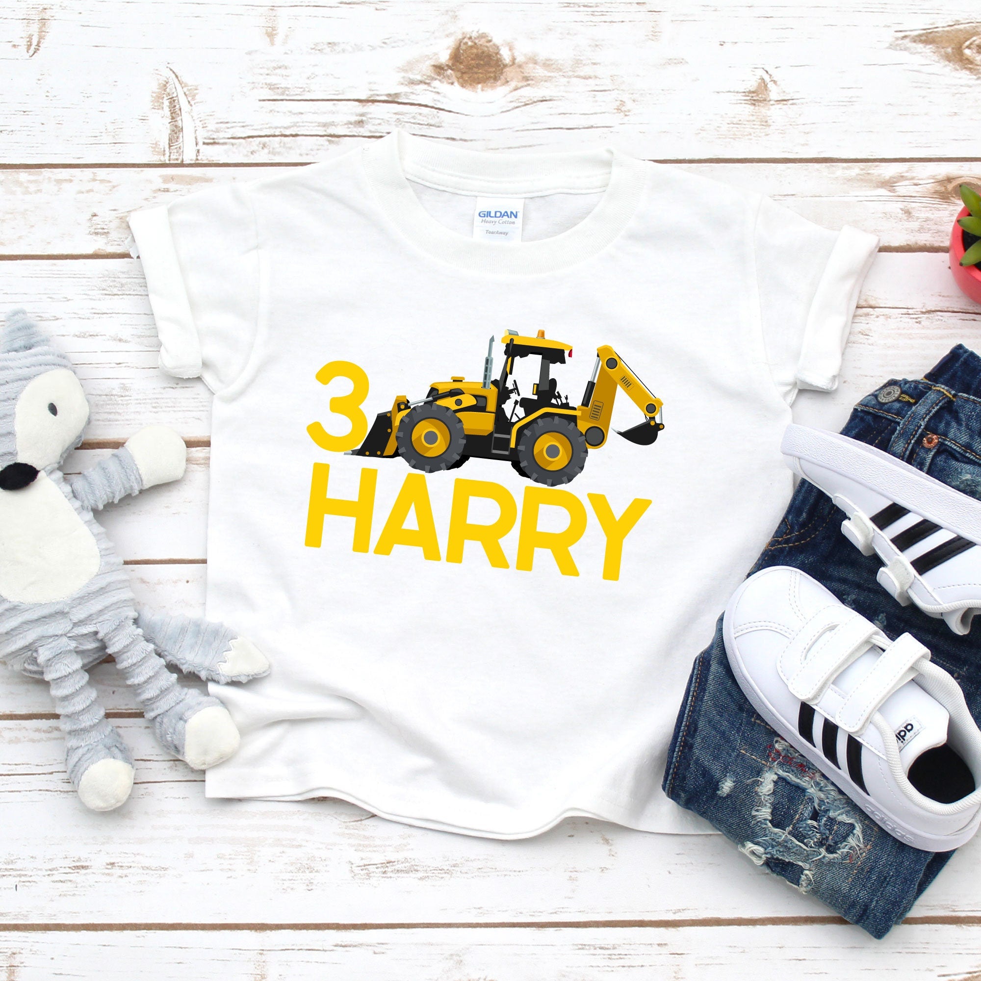 Personalised digger kids birthday t-shirt, custom name birthday boy t shirt, top, diggers, birthday gift, boy, girl, construction themed
