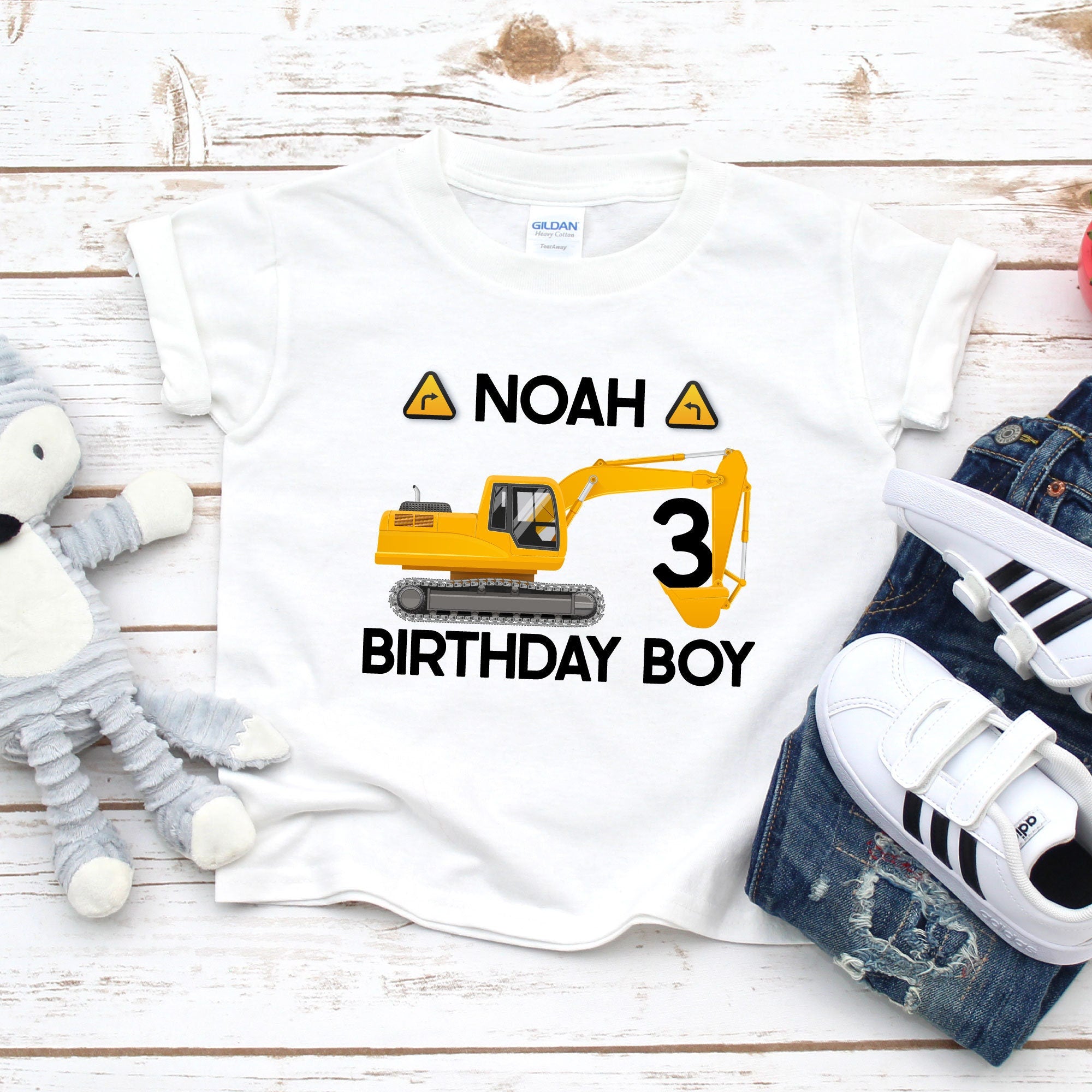 Personalised digger kids birthday t-shirt, custom name birthday boy t shirt, top, diggers, birthday gift, boy, girl, construction themed