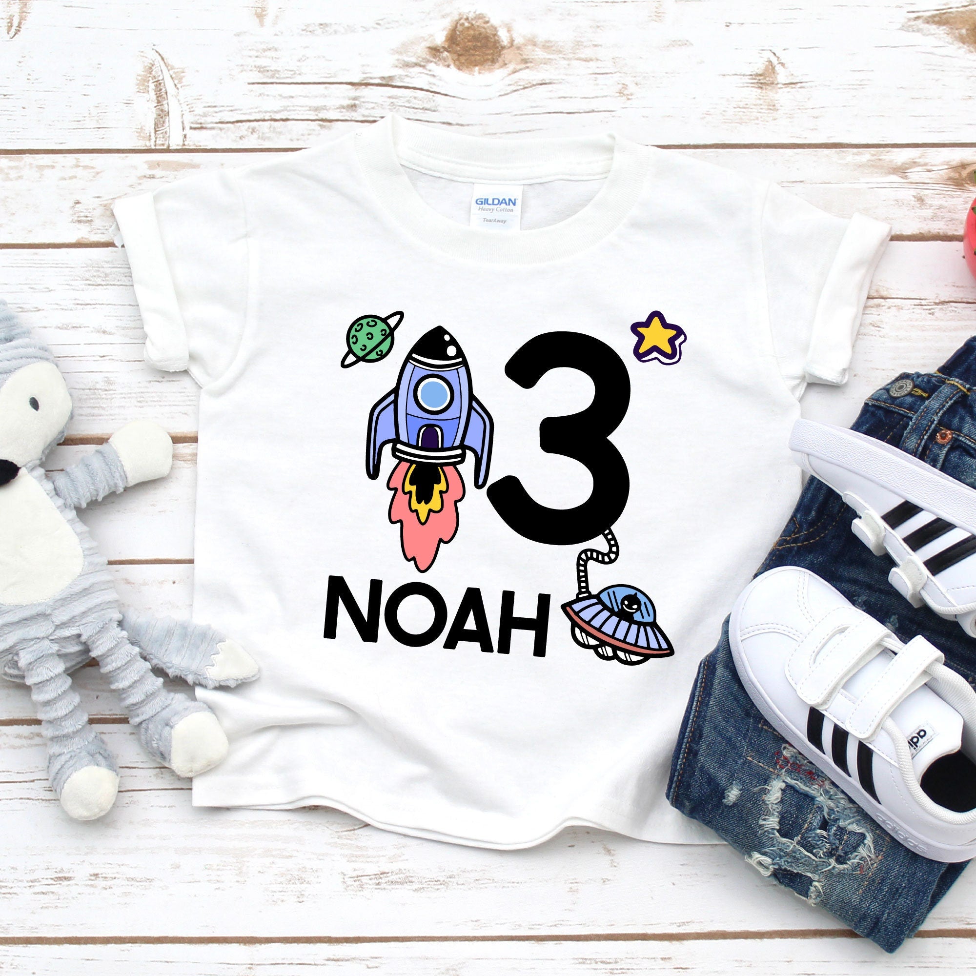Cute Personalised space party kids birthday t-shirt, custom name birthday boy t shirt, top, galaxy birthday gift, boy, rocket birthday boy