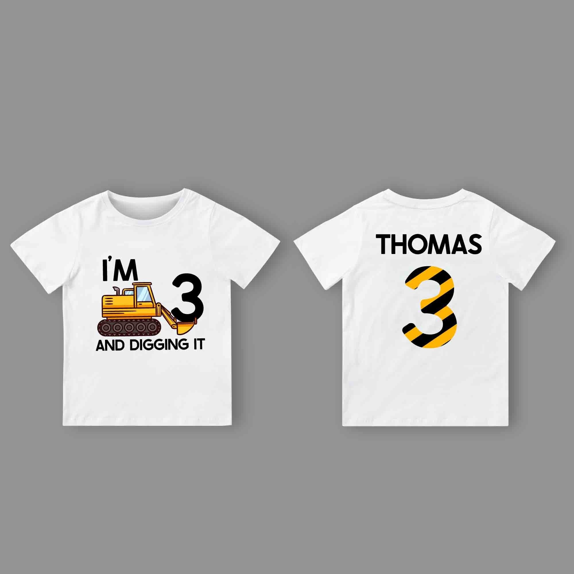 Personalised construction digger birthday shirt with custom name and age, construction themed boys birthday outfit, 2nd, 3rd birthday