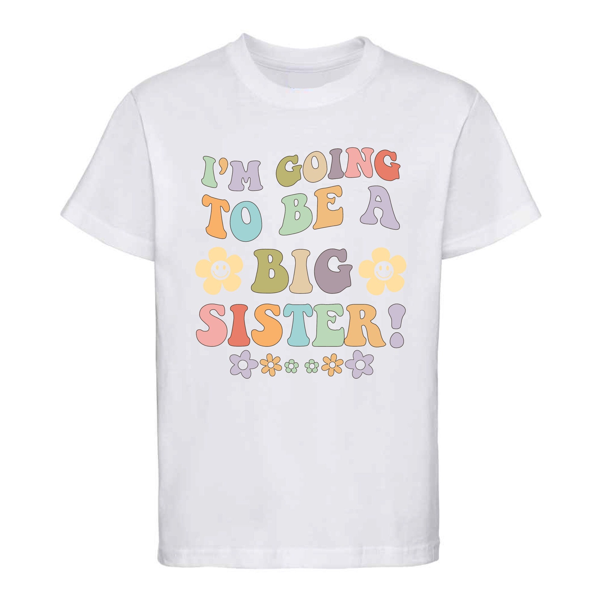 I'm Going To Be a Big Sister T shirt with cute smiling flowers in trendy font, great idea for new baby announcement for daughter