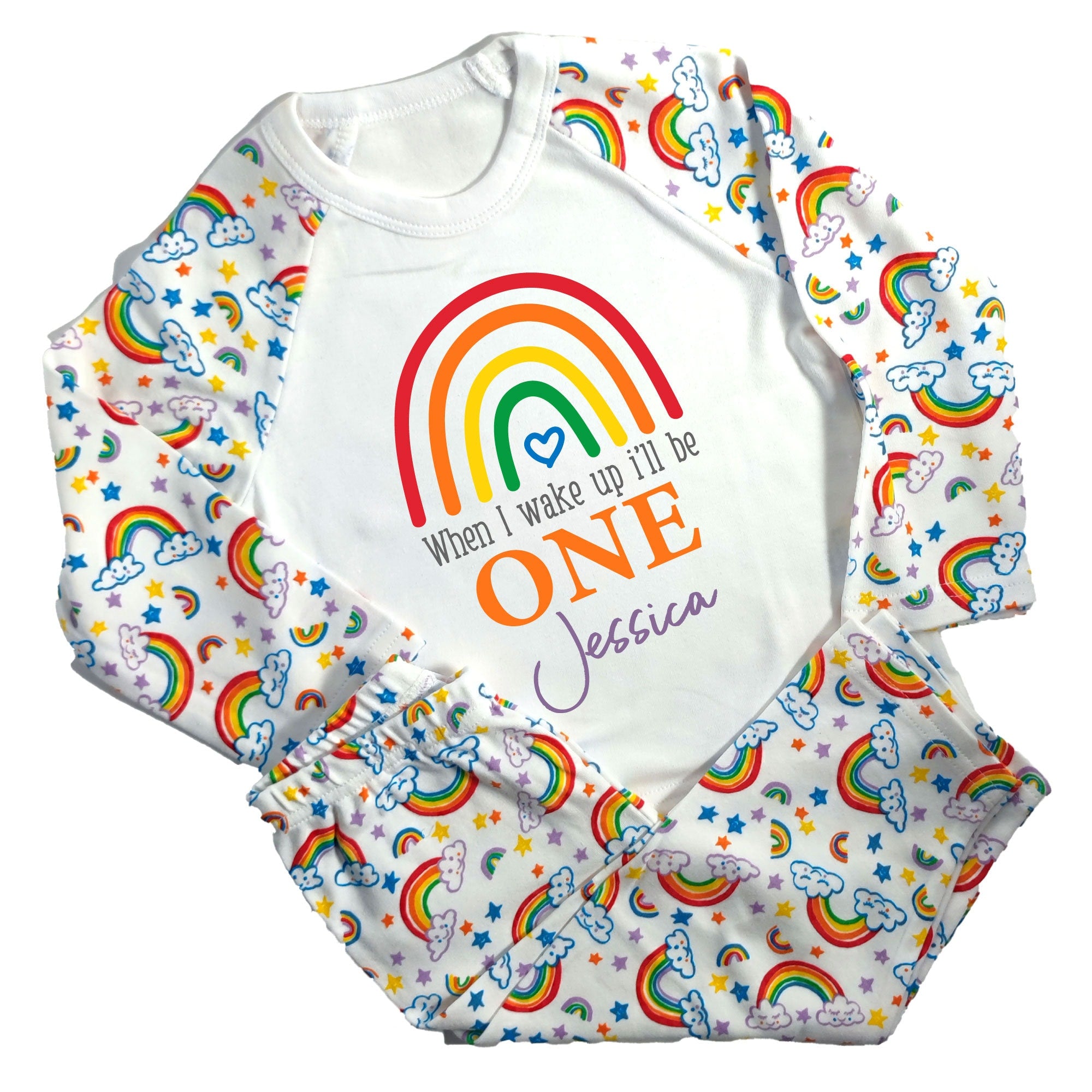 Personalised Rainbow Birthday Pyjamas | Birthday PJ's | 1st First Birthday PJ's | Girl Birthday Pyjamas | When I wake up I'll be ONE
