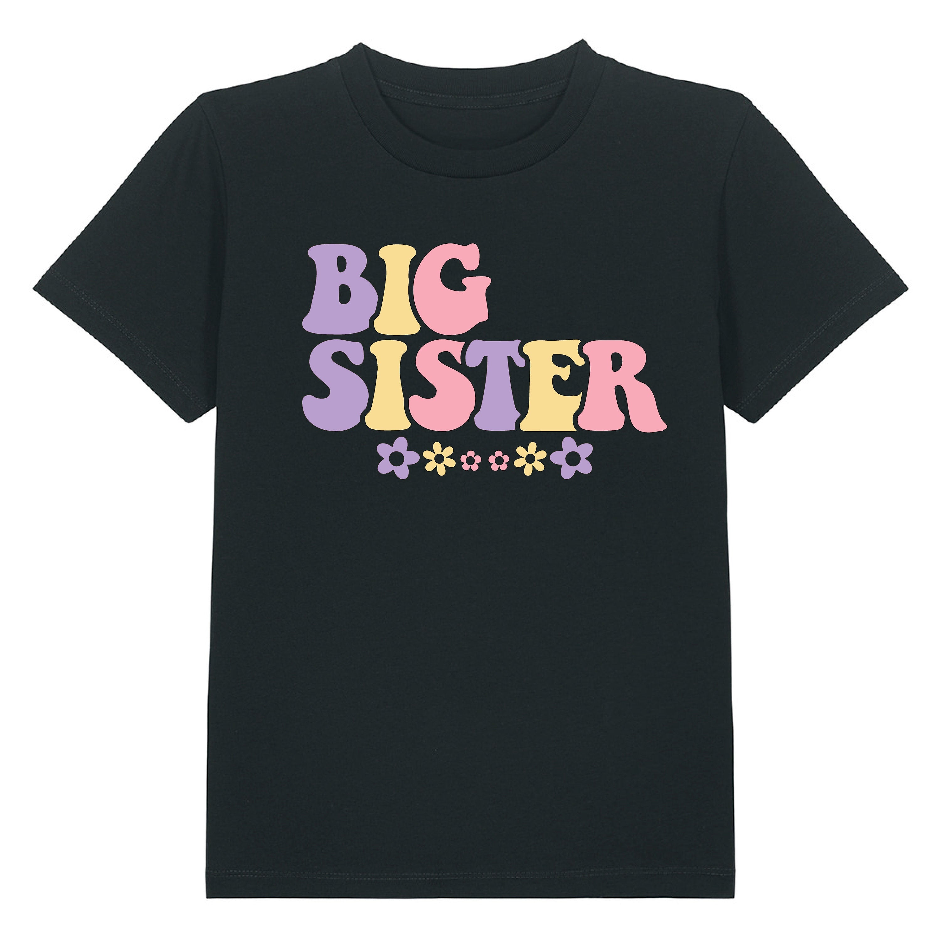 Colorful 'BIG SISTER' Kids Black T-Shirt with Pastel Flowers - Organic Cotton Tee