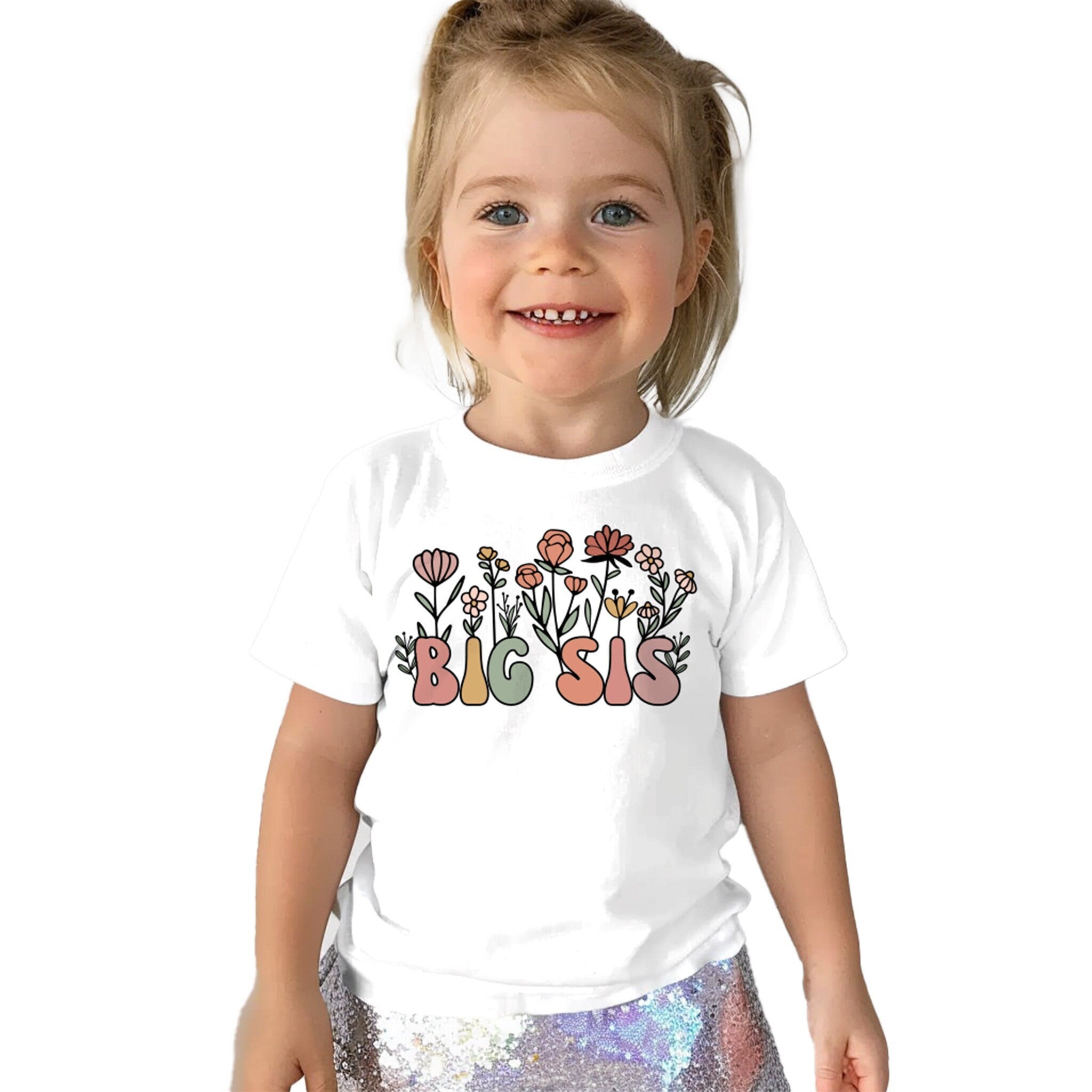 Big Sis T-Shirt for Girls - New Baby Announcement - Floral Graphic - 100% Cotton - Trendy Tykes Collection