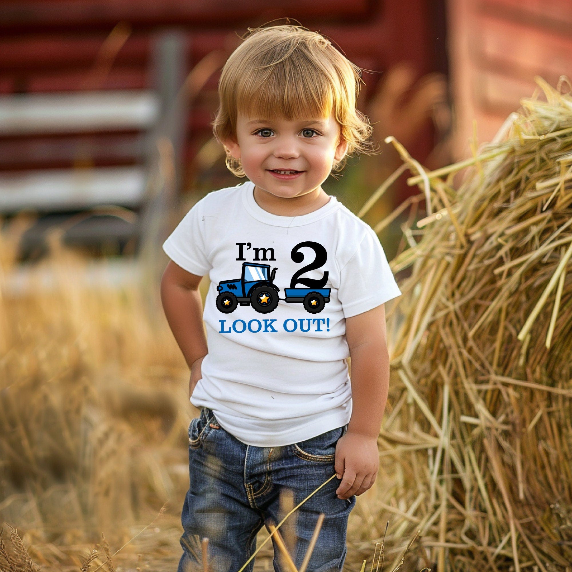 Boys Im two ( or any age) Farm Blue Tractor birthday t shirt with custom age. Tractor & Trailer, Little famers birthday party Idea