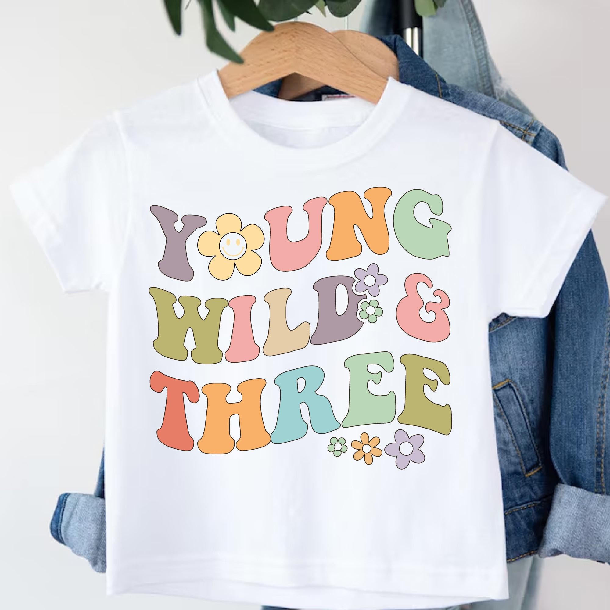 Young Wild & Three Birthday Shirt, Retro 3rd Birthday Tee, Kids Hippie Birthday Shirt, 3rd Birthday Gift, Boho Toddler T-Shirt
