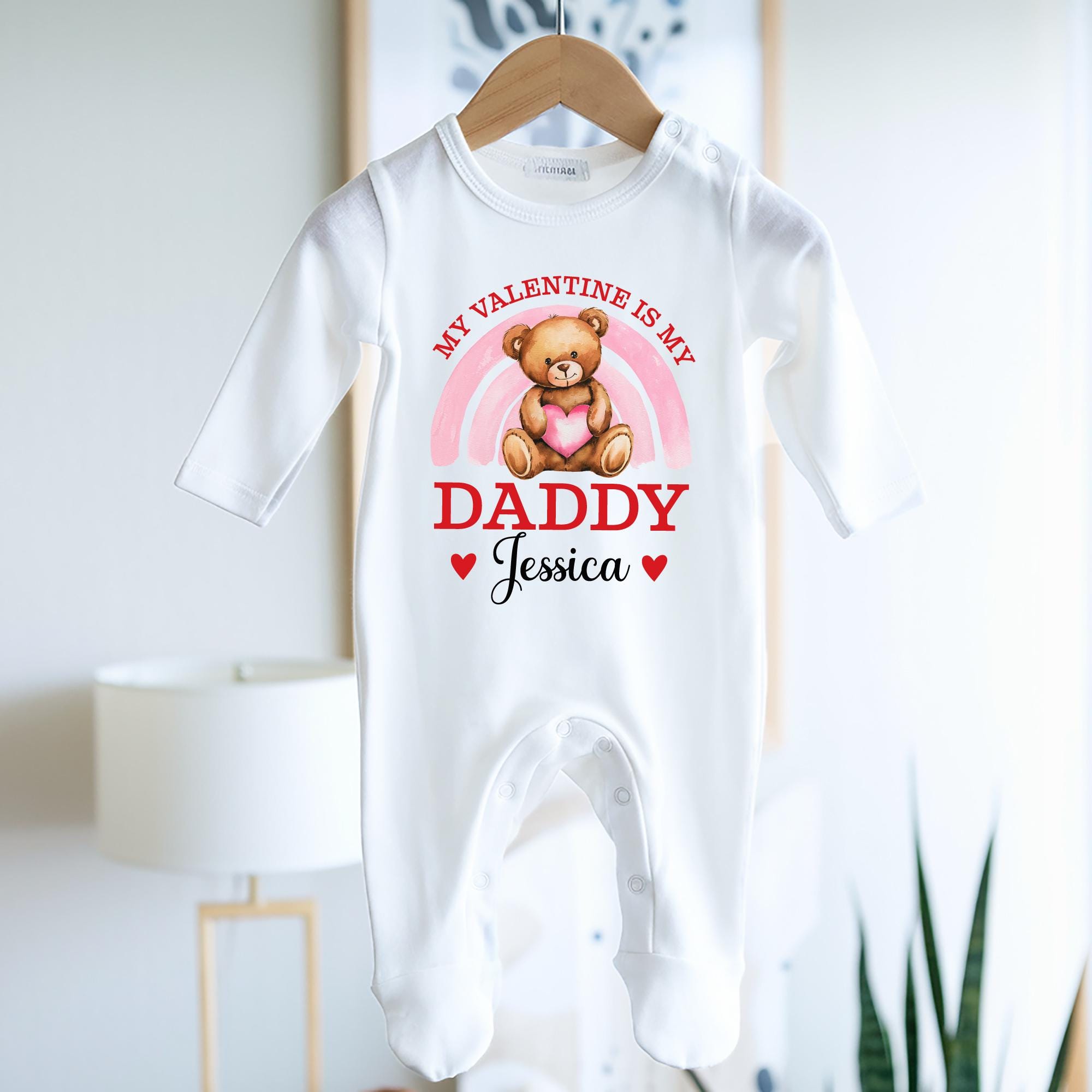 Personalised My Valentine Is My Daddy Outfit – Teddy & Rainbow Design