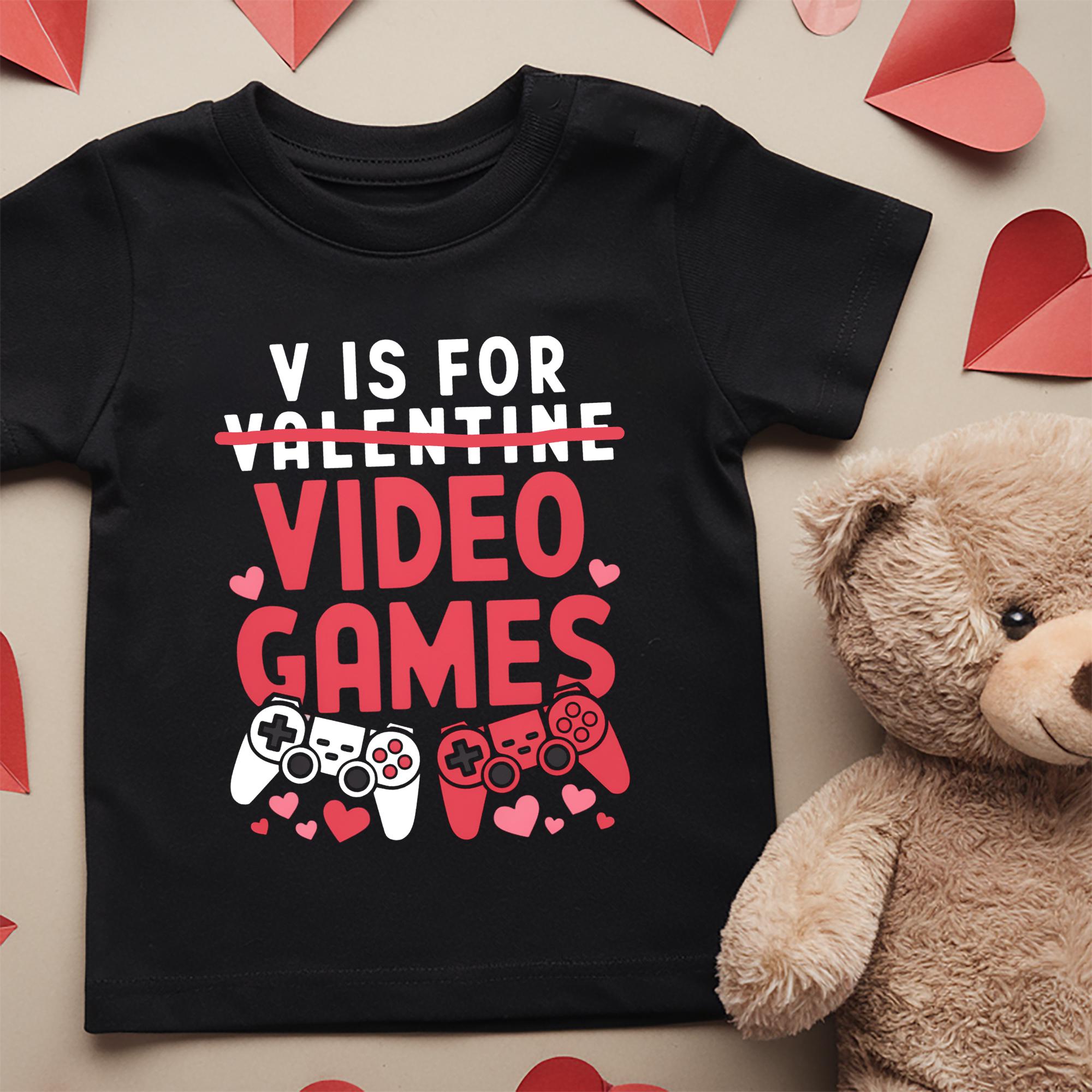 Trendy Tykes V is for video games kids black valentines day funny t shirt