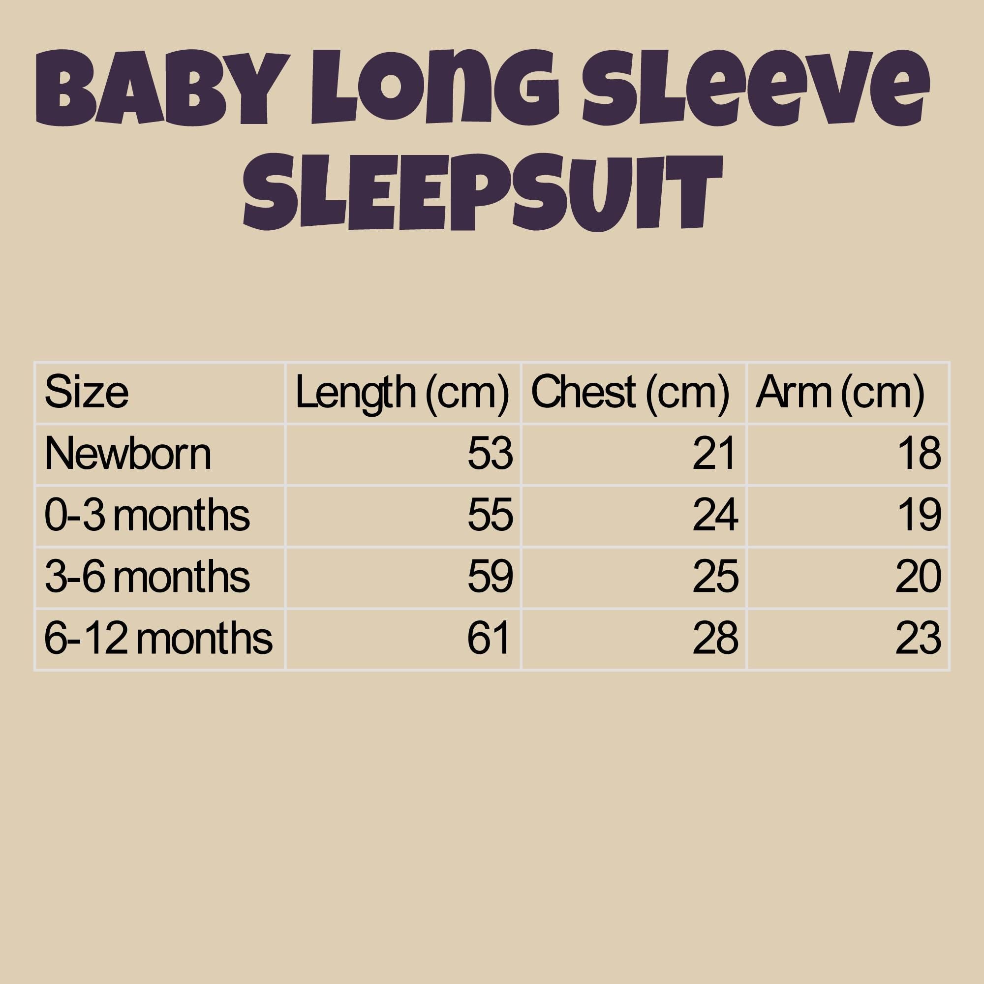 Trendy Tykes Baby long sleeve sleepsuit size chart