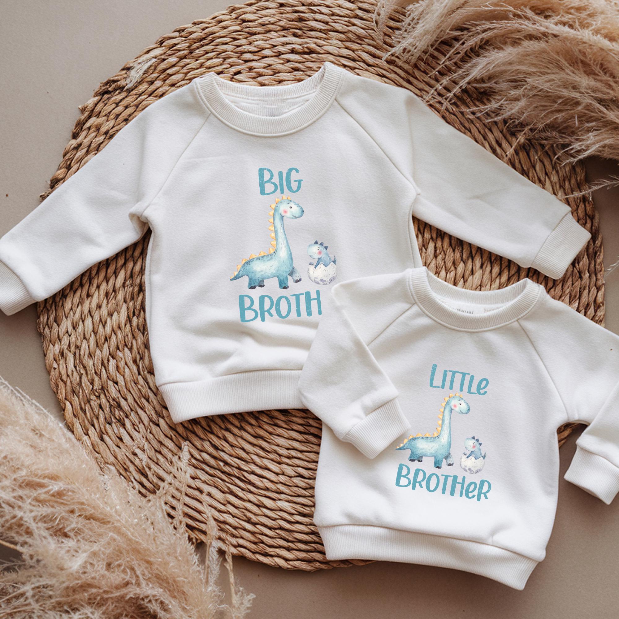 Trendy Tykes Big Brother Little Brother Matching White Jumpers / Sweatshirts with cute dinosaurs