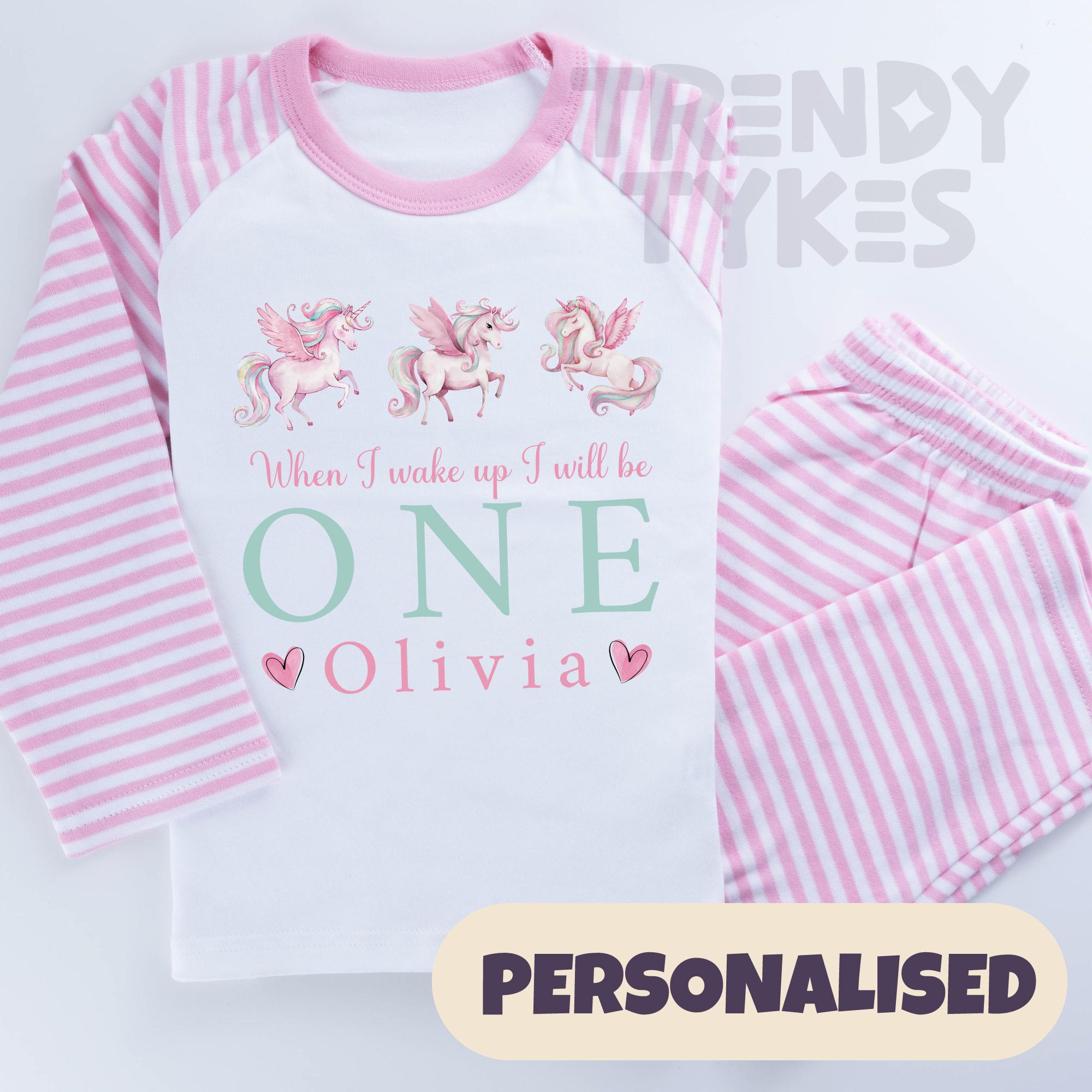 Personalised Pink Unicorn Birthday Pyjamas | Custom Name & Age Sleepwear | Girls One Pyjamas | 1st 2nd 3rd Birthday Pyjamas |