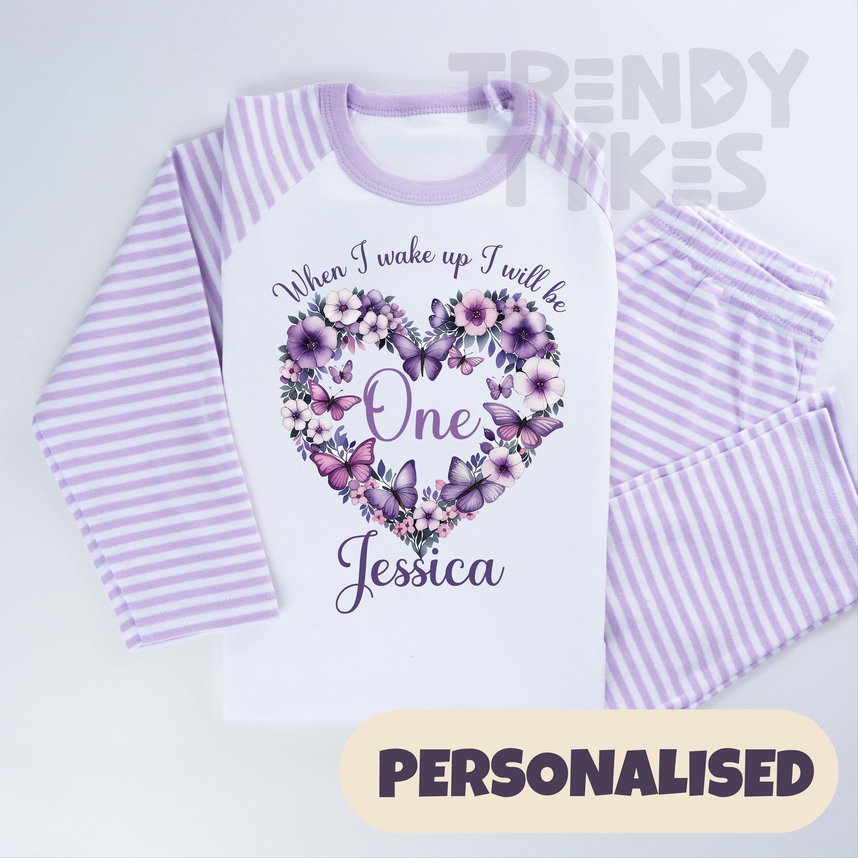 TrendyTykes Personalised 1st birthday purple heart and butterfly graphics pyjamas