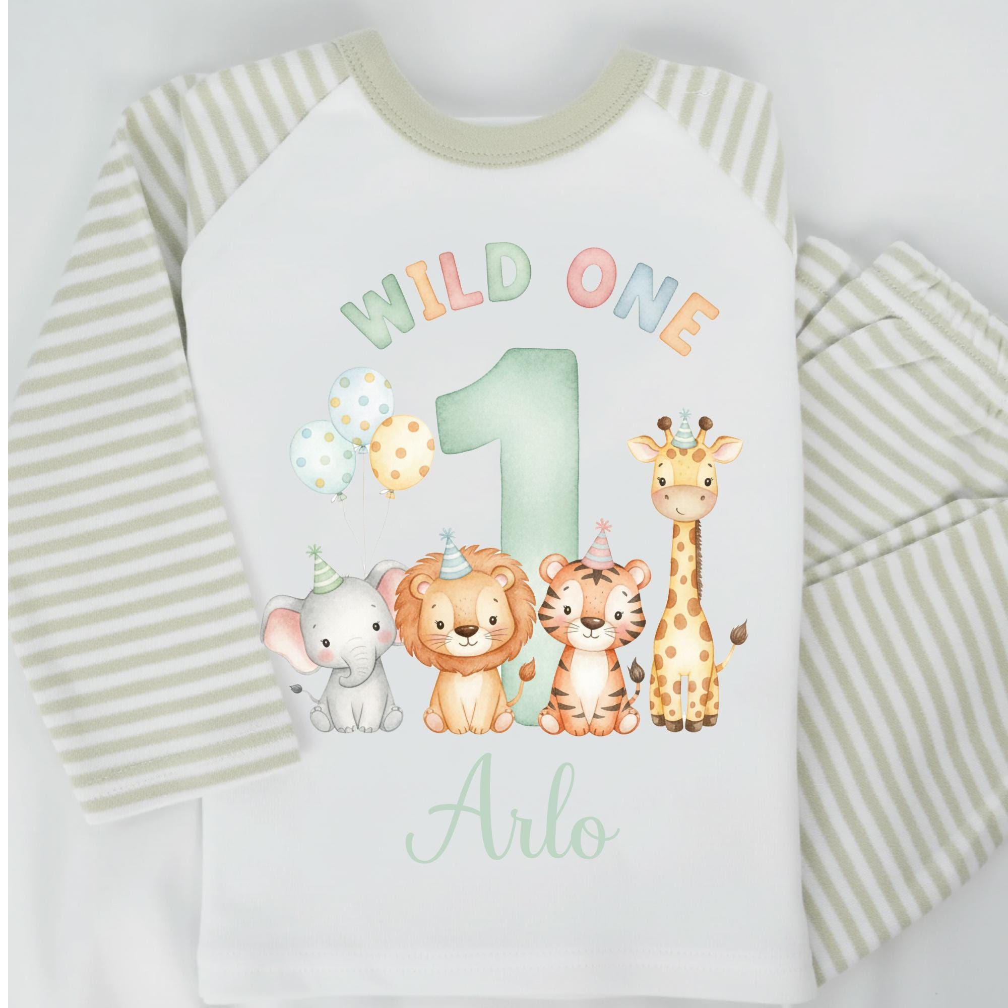 Wild One Safari Birthday Pyjamas, Personalised 1st Birthday PJs with Cute Safari Animals, Baby & Toddler Sleepwear Set 6-12m 1-2y
