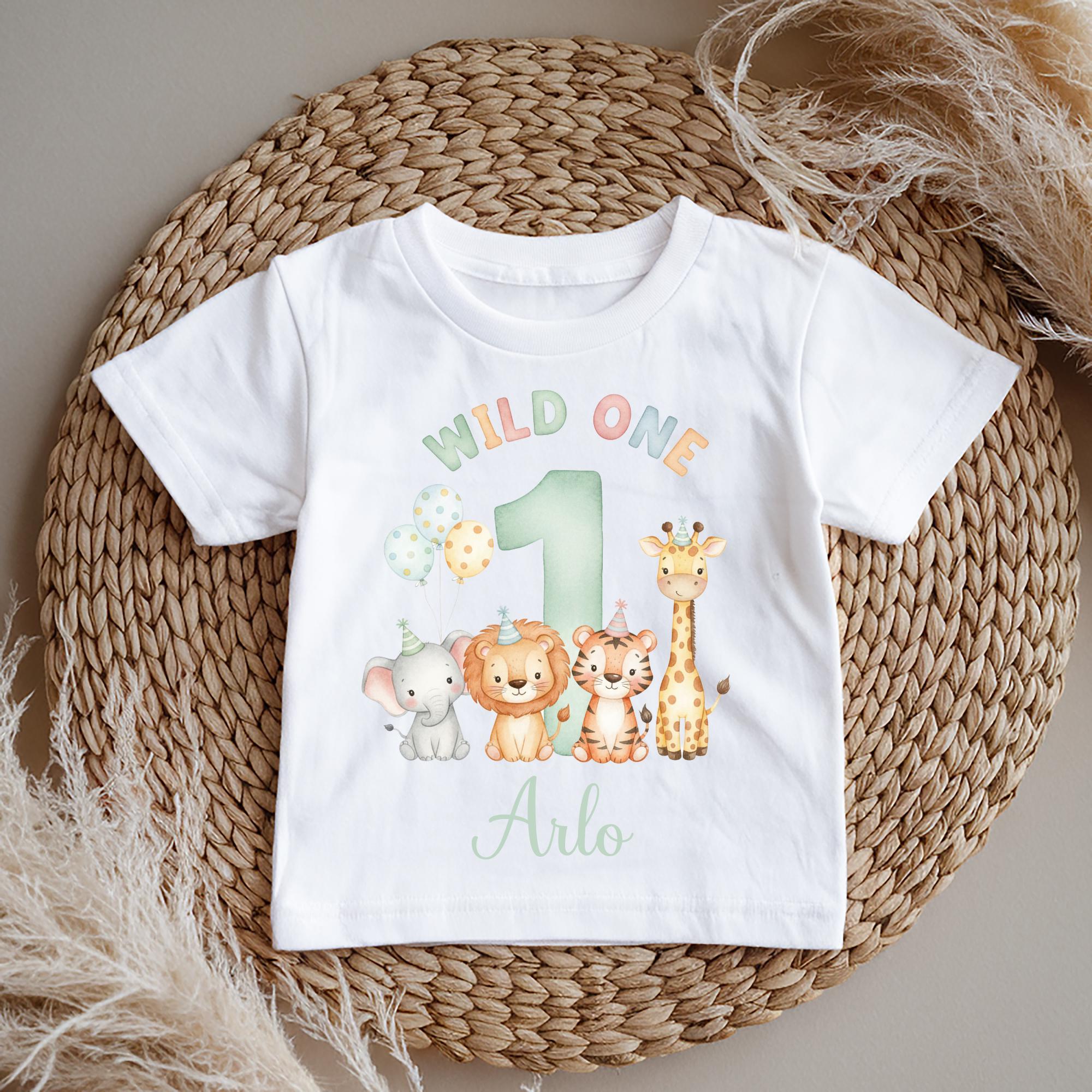 Wild One Safari Birthday Pyjamas, Personalised 1st Birthday PJs with Cute Safari Animals, Baby & Toddler Sleepwear Set 6-12m 1-2y