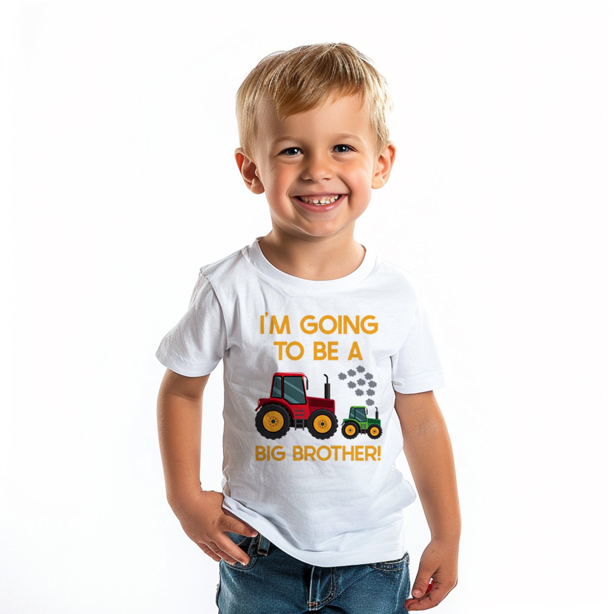 white T-shirt that proudly declares "I'M GOING TO BE A BIG BROTHER!" in bold, colorful letters. The shirt is embellished with the image of a red and green tractor, which adds a playful and vibrant touch to the announcement.