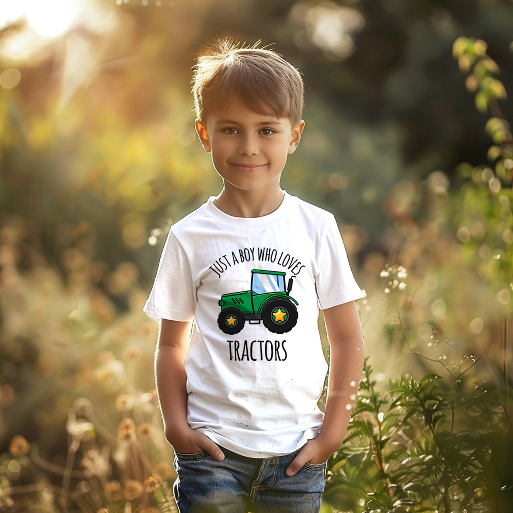 white T-shirt that reads "JUST A BOY WHO LOVES TRACTORS," accompanied by a vivid graphic of a green tractor. 