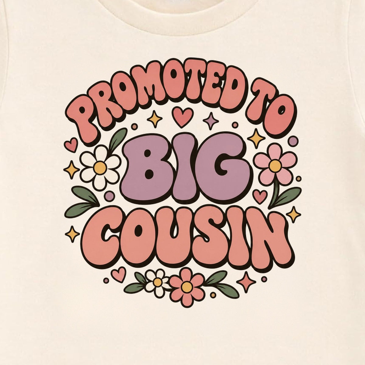 Promoted to Big Cousin retro floral t-shirt, natural close-up