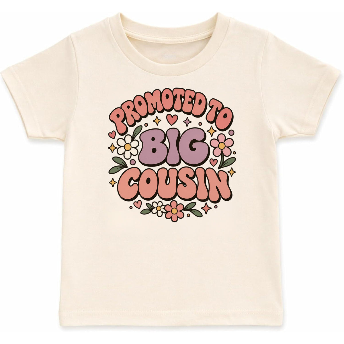Promoted to Big Cousin retro floral t-shirt, natural