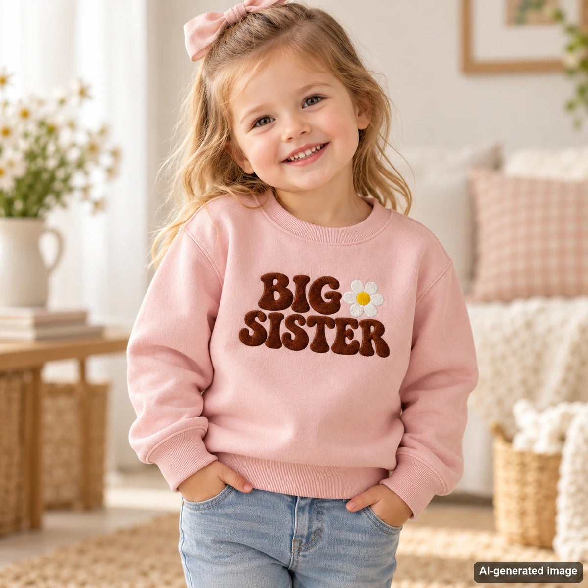 Girl wearing the Big Sister daisy sweatshirt (AI-generated model image)