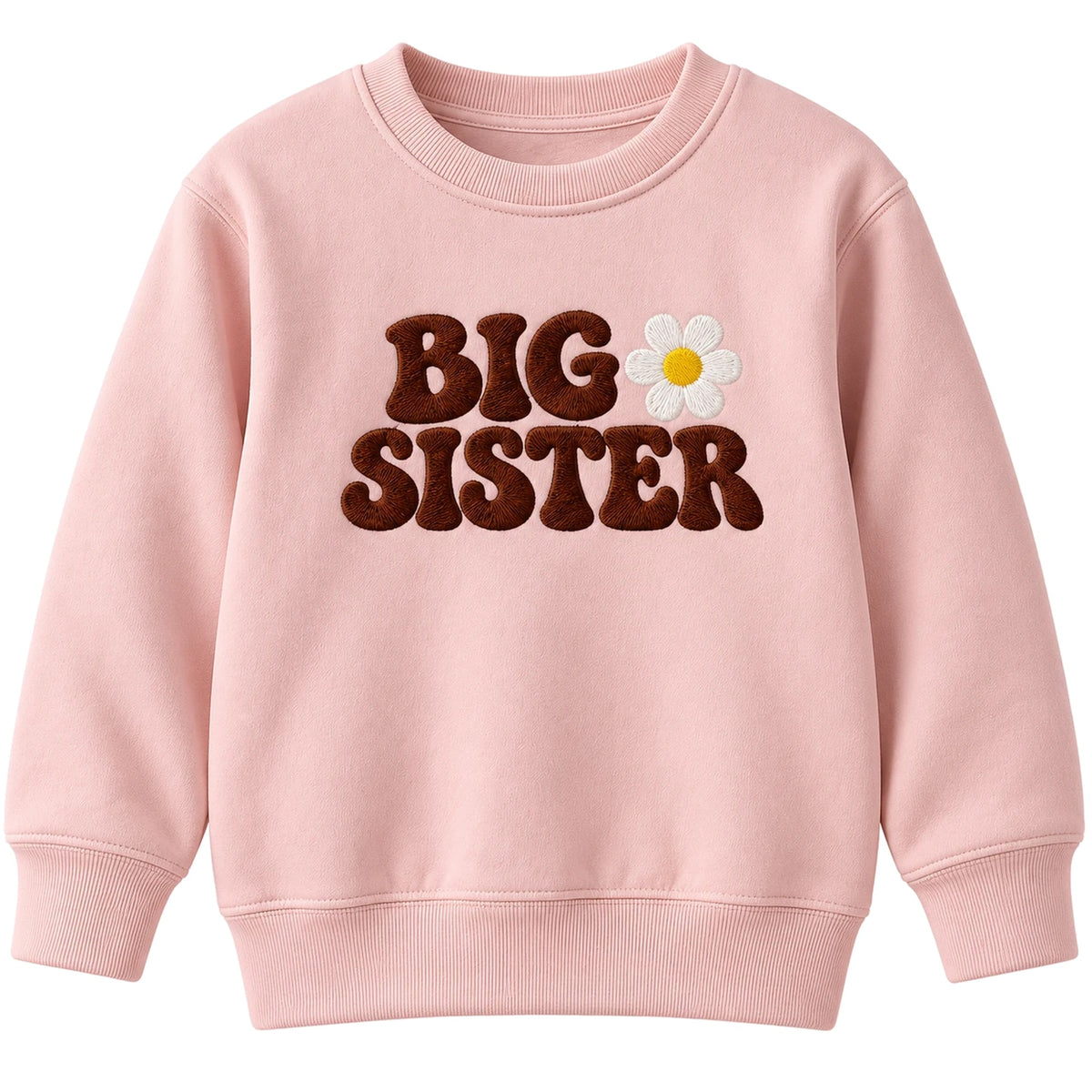 Embroidered Big Sister daisy sweatshirt, pastel pink