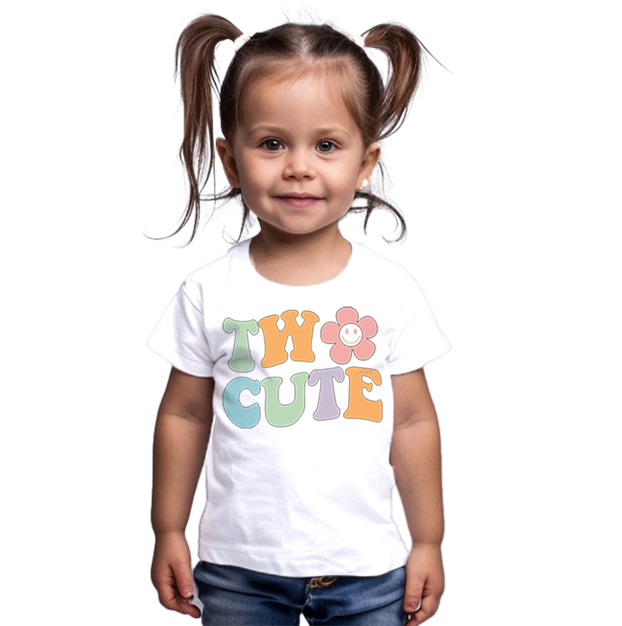 Trendy Tykes a young girl wearing a white t-shirt with the playful phrase "Two Cute" printed on it, accompanied by a colorful flower design. It's a charming and sweet design for a children's shirt, perfectly suitable for a second birthday or any fun occasion!