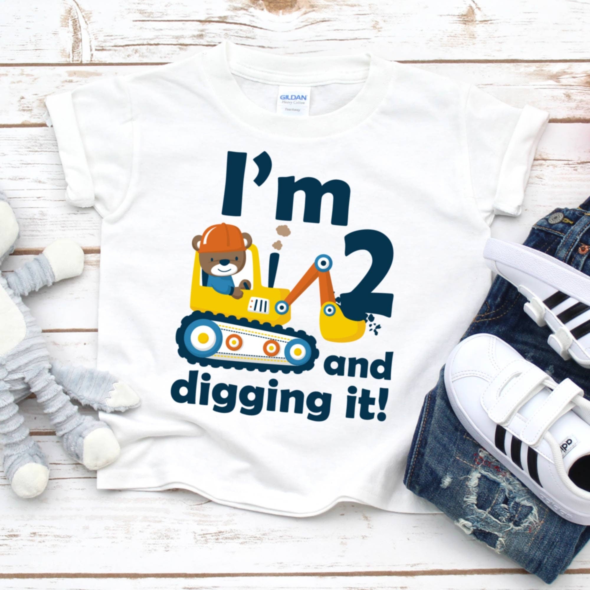 Im 2 and digging it construction digger birthday shirt with custom name and age, construction themed boys birthday outfit, 2nd, 3rd birthday
