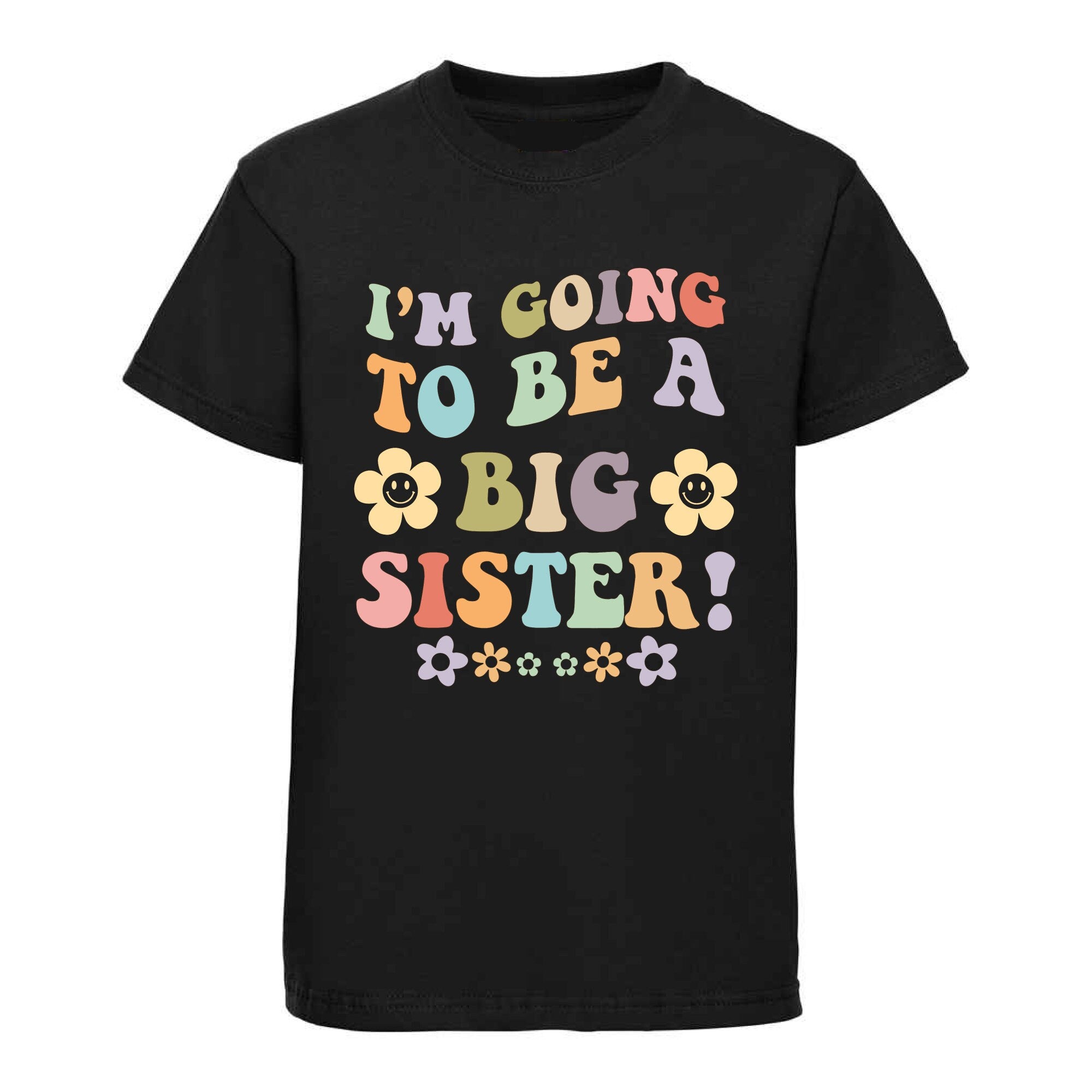 I'm Going To Be a Big Sister T shirt with cute smiling flowers in trendy font, great idea for new baby announcement for daughter