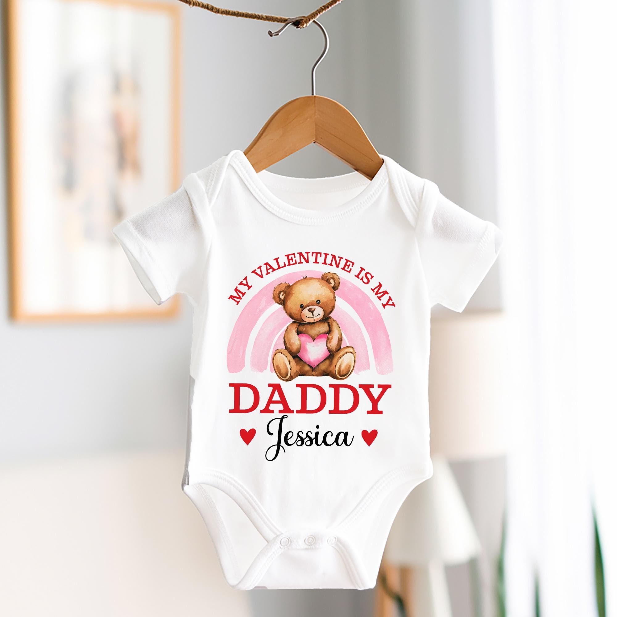Personalised My Valentine Is My Daddy Outfit – Teddy & Rainbow Design