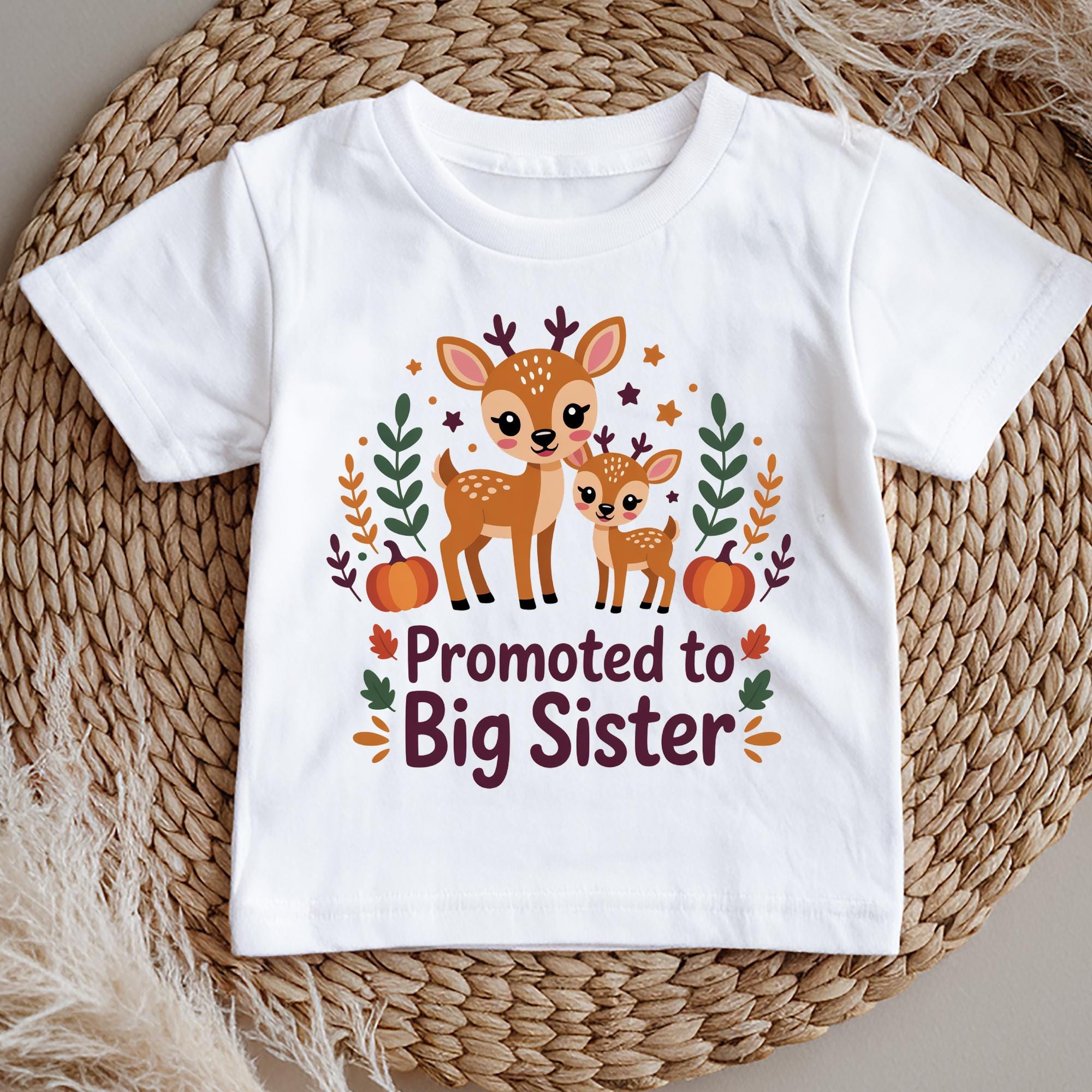 Promoted to Big Sister T-Shirt – Cute Deer Woodland Design – 100% Soft Cotton Kids Tee – New Sibling Announcement Gift