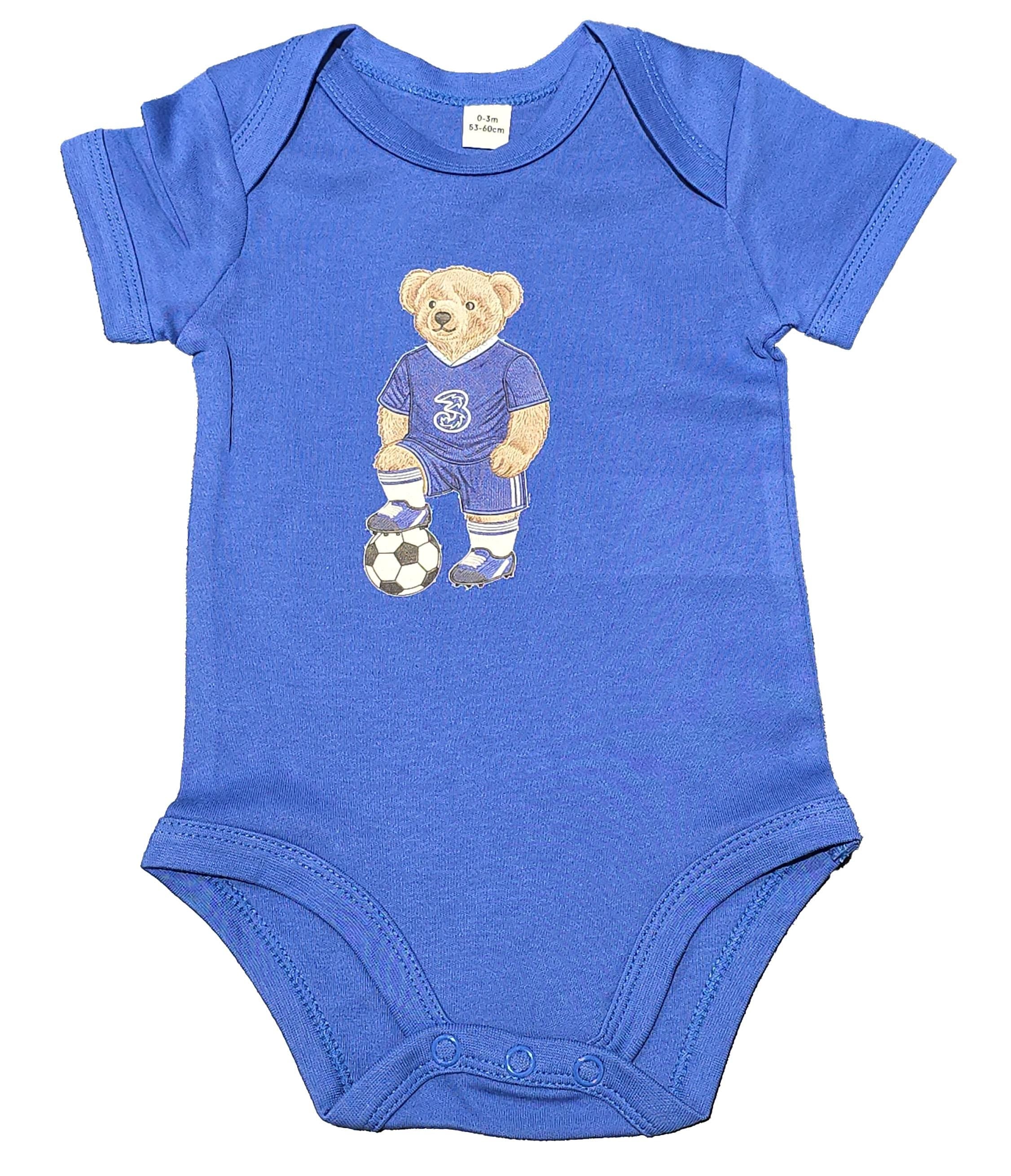 Blue Baby Vest with Football Bear Design | 0-3 Month Cotton Romper | Sports Themed Clothing